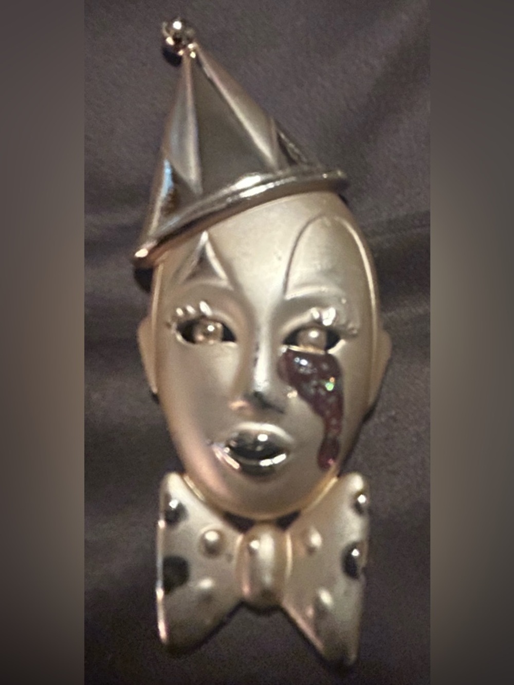 Gold Clown Face Brooch with Bow and Glitter Tear